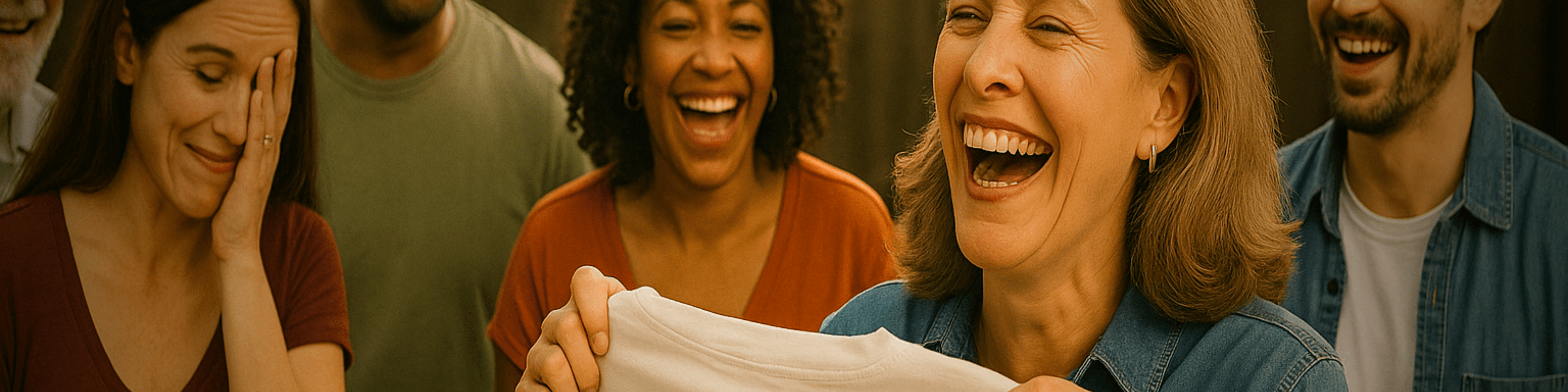 Group of people laughing together with a warm background. The woman in the centre is holding up a tshirt.